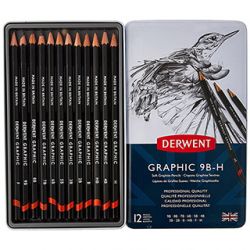 Estojo de lata com 12 lápis graduados Graphic Derwent: 9b, 8b, 7b, 6b, 5b, 4b, 3b, 2b, b, hb, f e h
