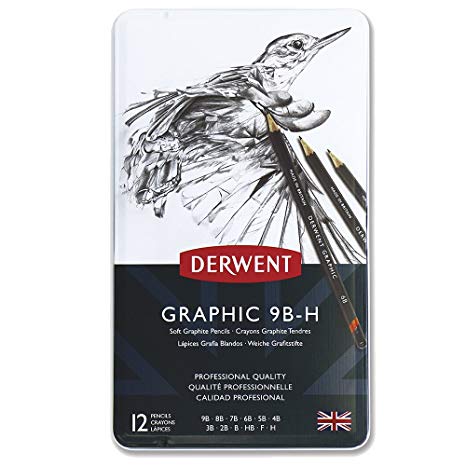 Estojo de lata com 12 lápis graduados Graphic Derwent: 9b, 8b, 7b, 6b, 5b, 4b, 3b, 2b, b, hb, f e h Imagem 3